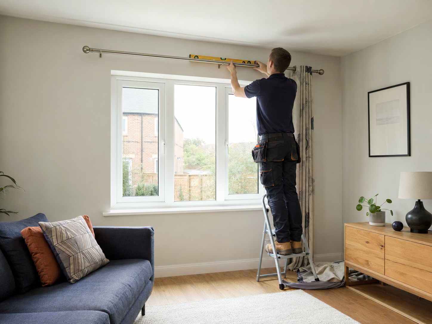 Curtain pole fitting being completed carefully in a customer's home