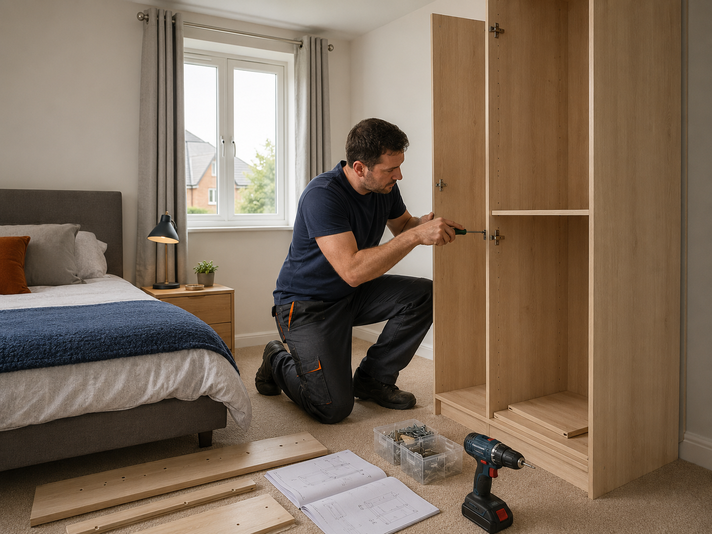 Flatpack furniture assembly being completed carefully in a customer's home